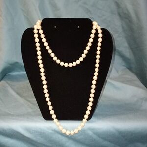 Faux Pearl Necklace 36" Knotted Single Strand Ball Clasp Cream J1